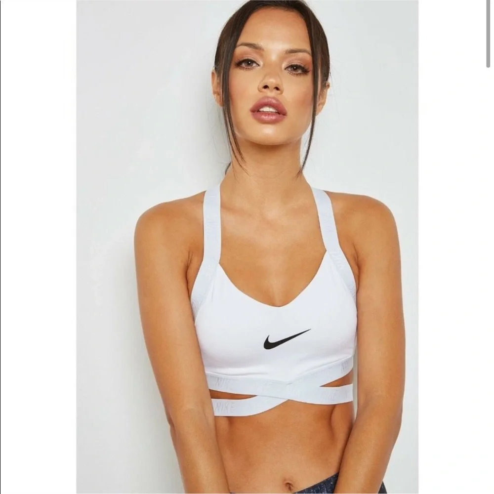 Nike White Sports Bra with Black Swoosh and Light Gray Straps